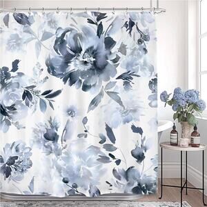 Blue Floral Shower Curtain 72Wx72L Inch Watercolor Polyester 12 Pack Hooks s34